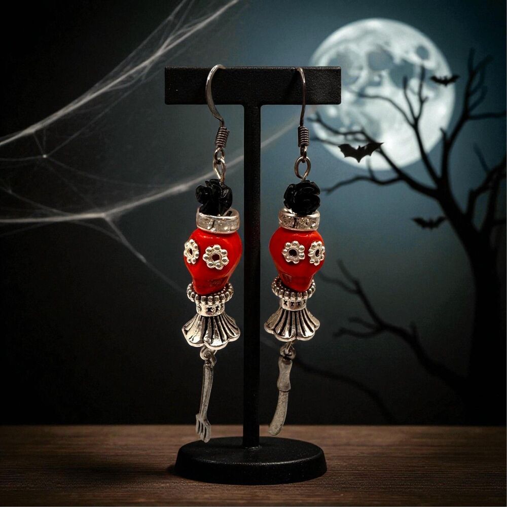Orange Skull Day of the Dead Dia de los Muertos Earrings Halloween Women's